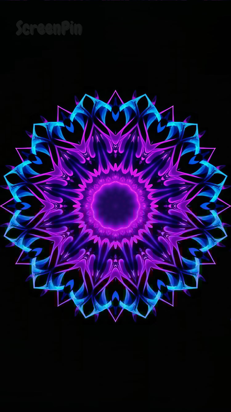 A glowing neon mandala in shades of purple and blue set against a deep black background, featuring intricate symmetrical patterns.