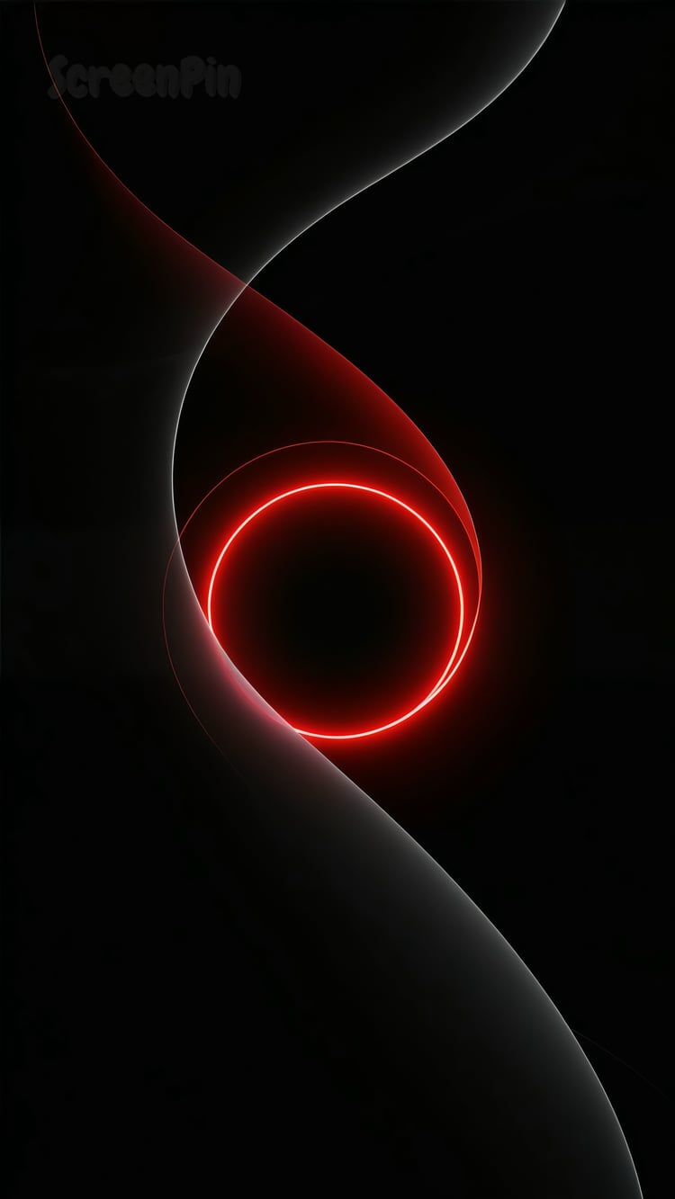 A minimalist abstract composition with elegant red shapes flowing smoothly against a deep black background.