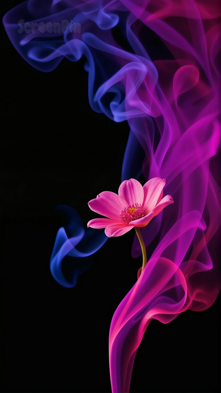 A delicate flower made of swirling, translucent smoke against a deep black background.
