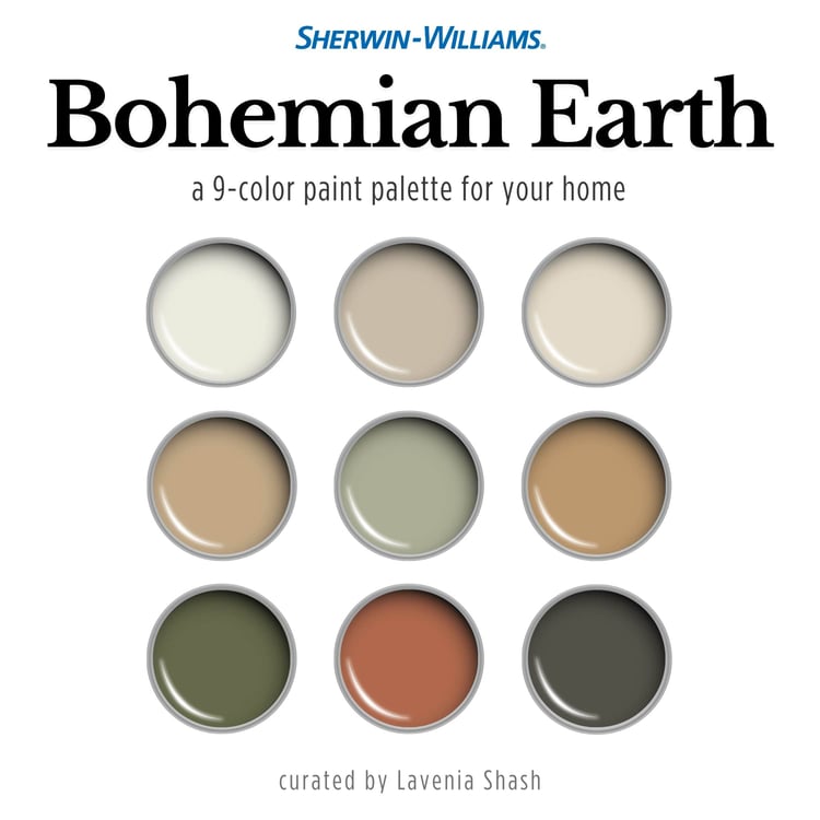 Boho color palette for home interior with Sherwin Williams paint scheme by Lavenia Shash.