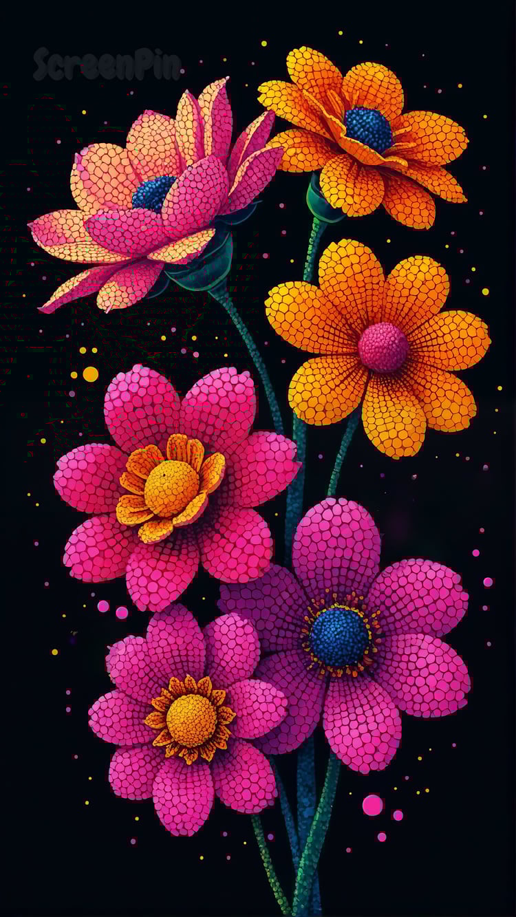 A digital artwork of glowing violet and orange flowers set against a deep black background.