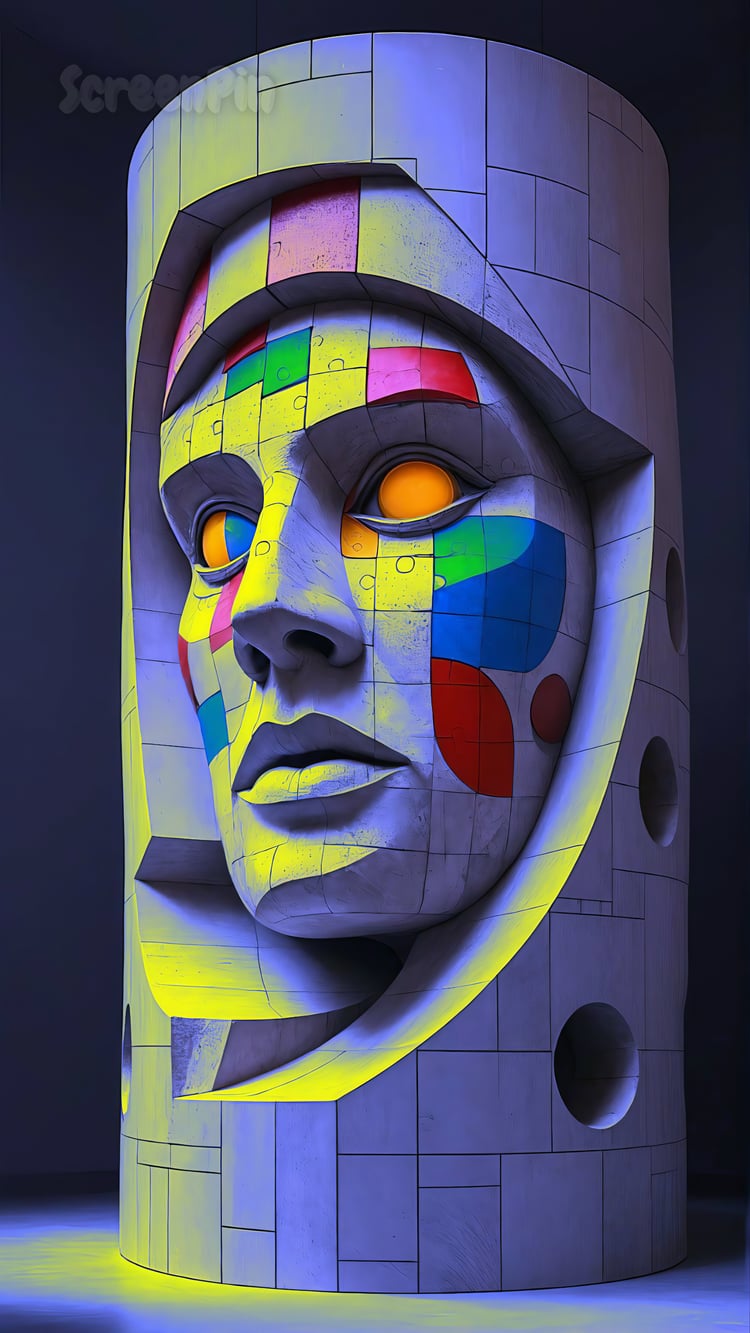 A massive stone face intricately embedded into a cylindrical architectural structure, blending surrealism with monumental design.