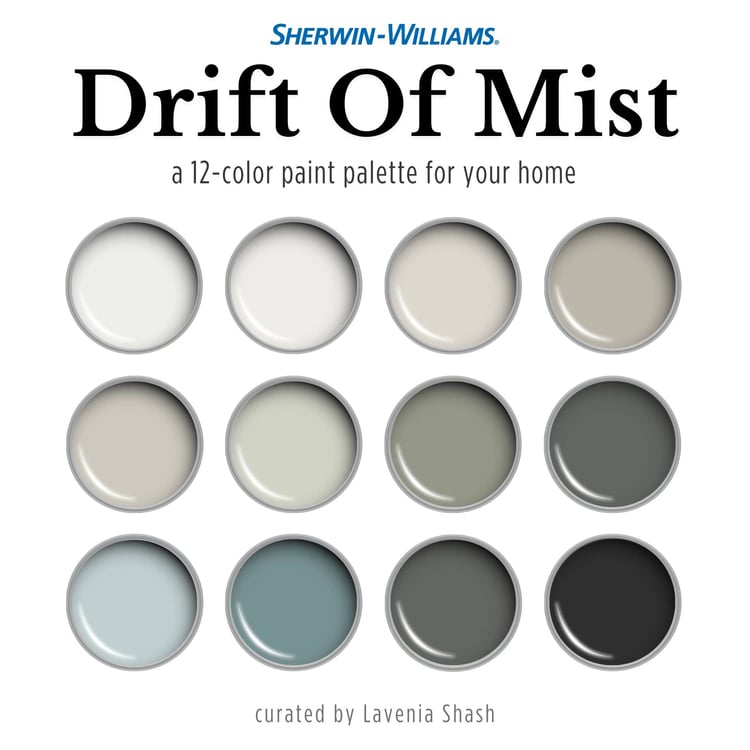 Sherwin Williams Drift Of Mist paint palette. Whole house color scheme with neutrals and coordinating colors. Paint colors for home with white, greige, green, blue, and black. Interior design color scheme created by Lavenia Shash.