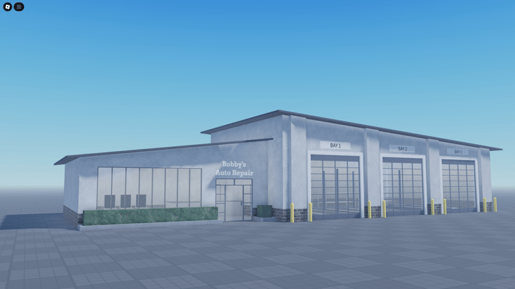 Roblox auto repair shop with a detailed workshop for vehicle maintenance.