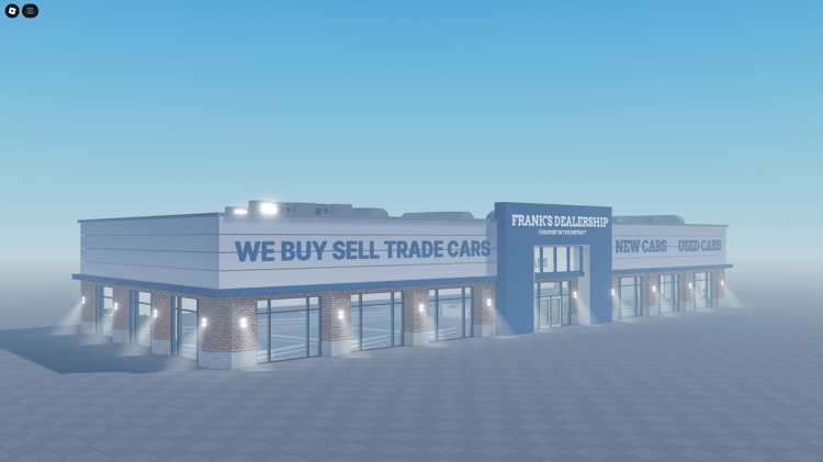 Roblox car dealership interior with 12 vehicle podiums for display.