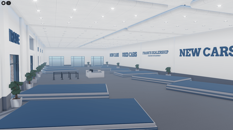 Animated entrance doors of Franks Car Dealership for interactive gameplay.