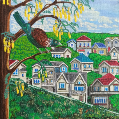 Urban tui, painting by Darren Burch