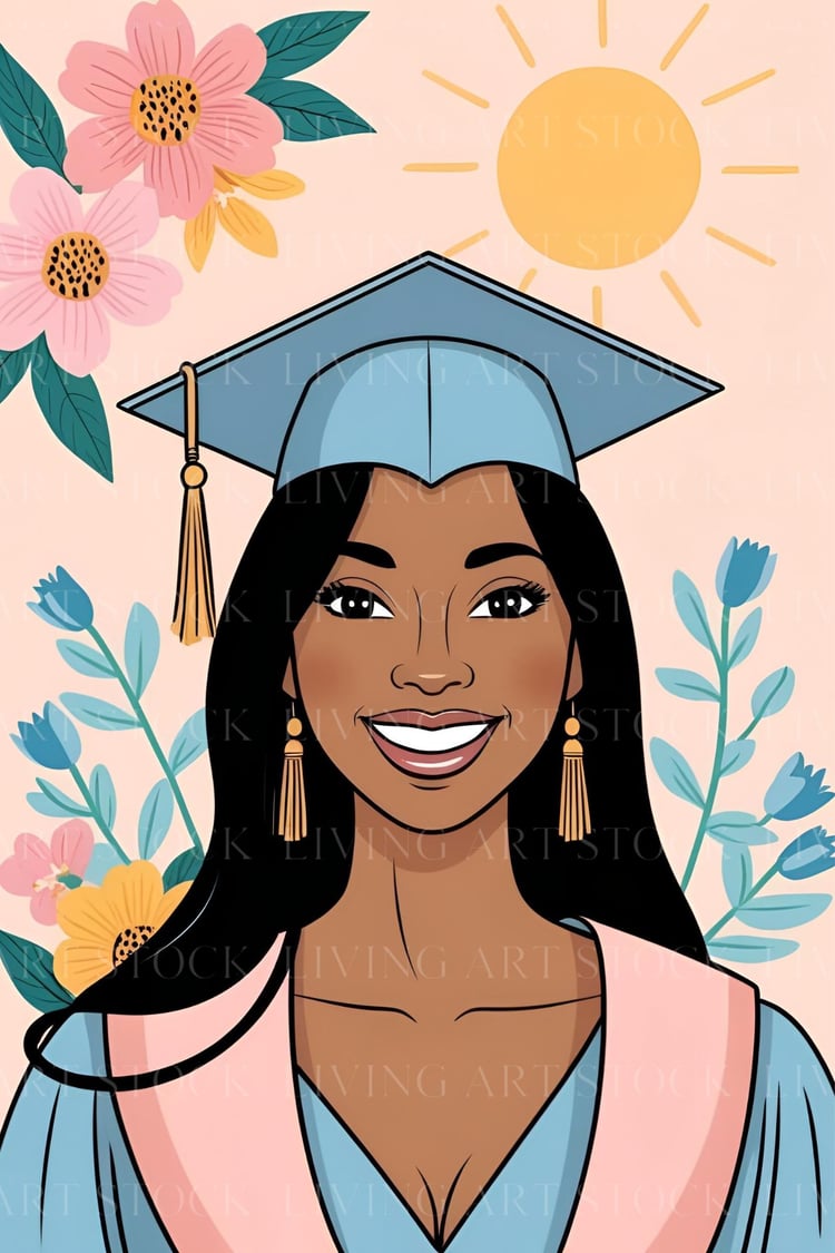 Graduation day illustration of brown woman wearing blue cap and gown