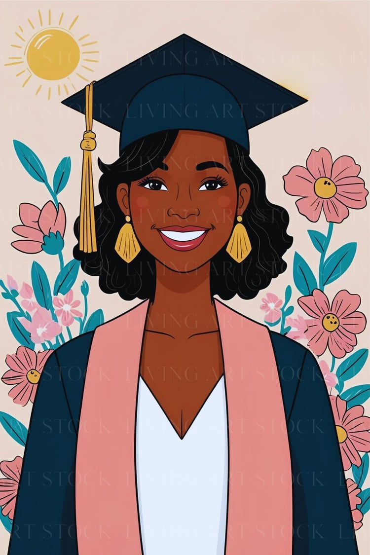 Beautiful dark skin black woman wearing navy blue cap and gown, pink sash, Floral print illustration design