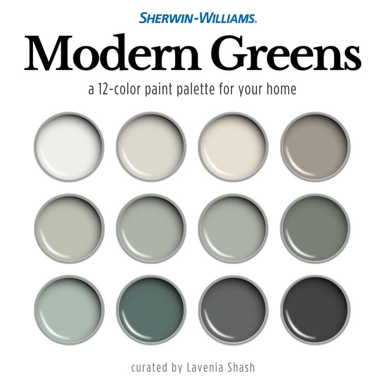 Sherwin Williams green paint palette. Whole house color scheme with neutrals and coordinating colors. Paint colors for home with whites, greiges, greens, gray and black. Interior design color scheme created by Lavenia Shash.