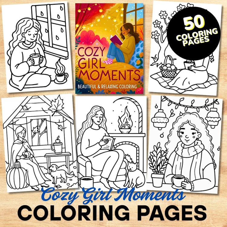 Bold and Easy Coloring Book, Cozy Girl Moments Coloring Book – 50 Printable Pages Adults Relaxing Activity for Adults and Kids,Stress Relief