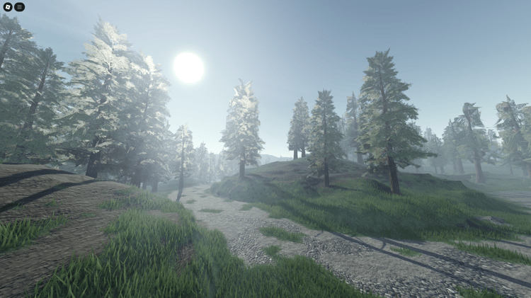 Realistic Roblox nature map with dense forests and rolling hills.