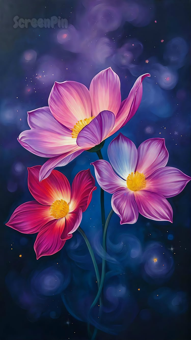Glowing flowers in purple, pink, and orange surrounded by swirling smoke in a dreamy, ethereal composition.
