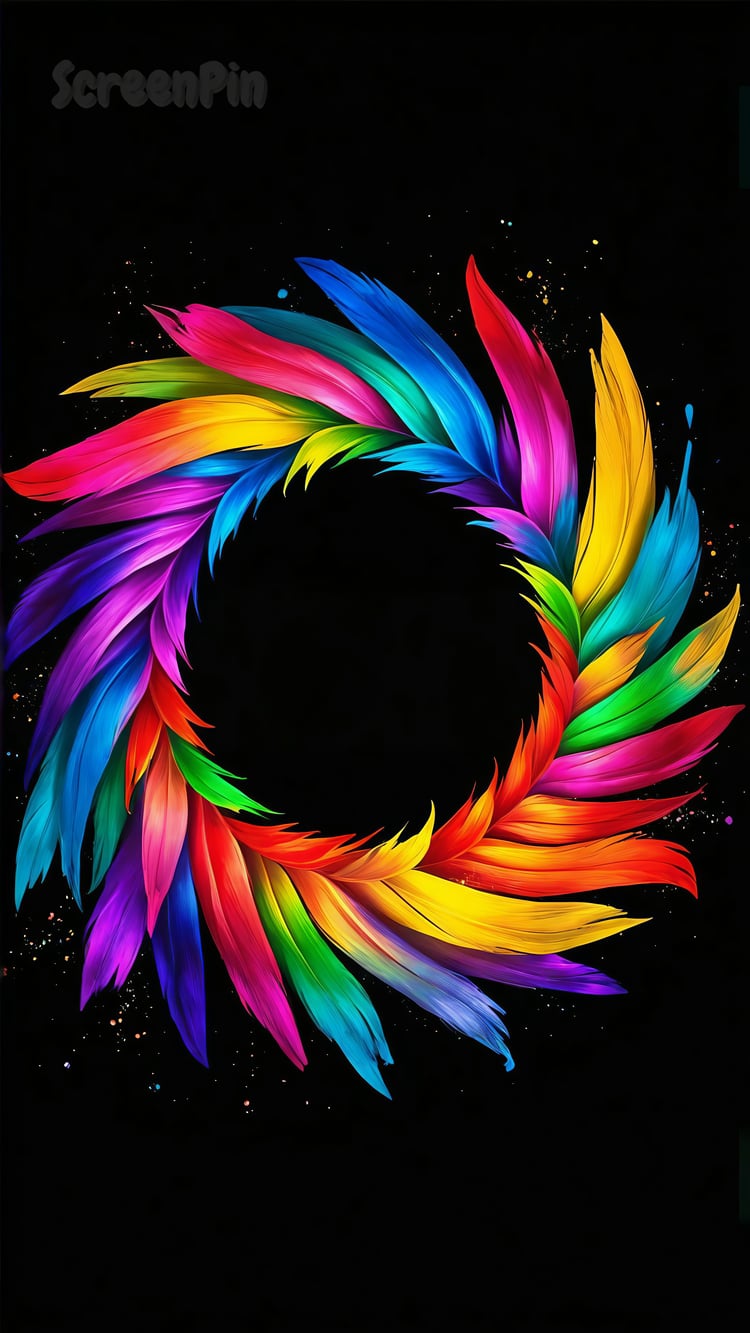 A circular abstract design formed by multicolored feathers arranged in a vibrant, flowing ring.
