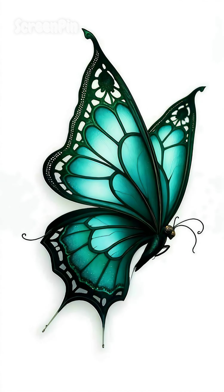 A digital illustration of a turquoise butterfly with detailed wings, set against a contrasting background.