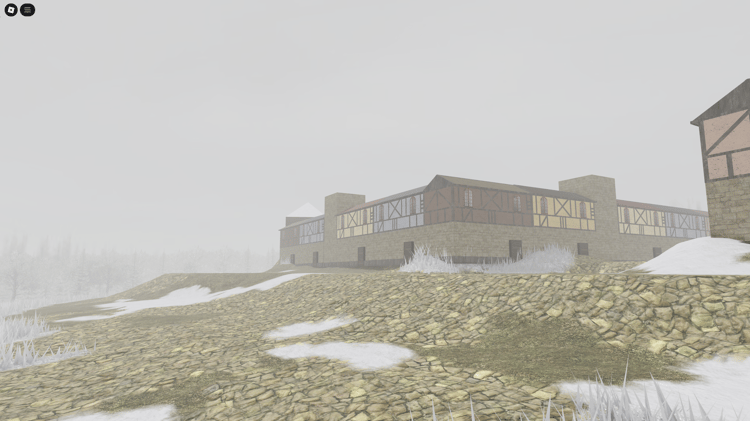 Neutral winter-themed town in the center of a faction war Roblox map.