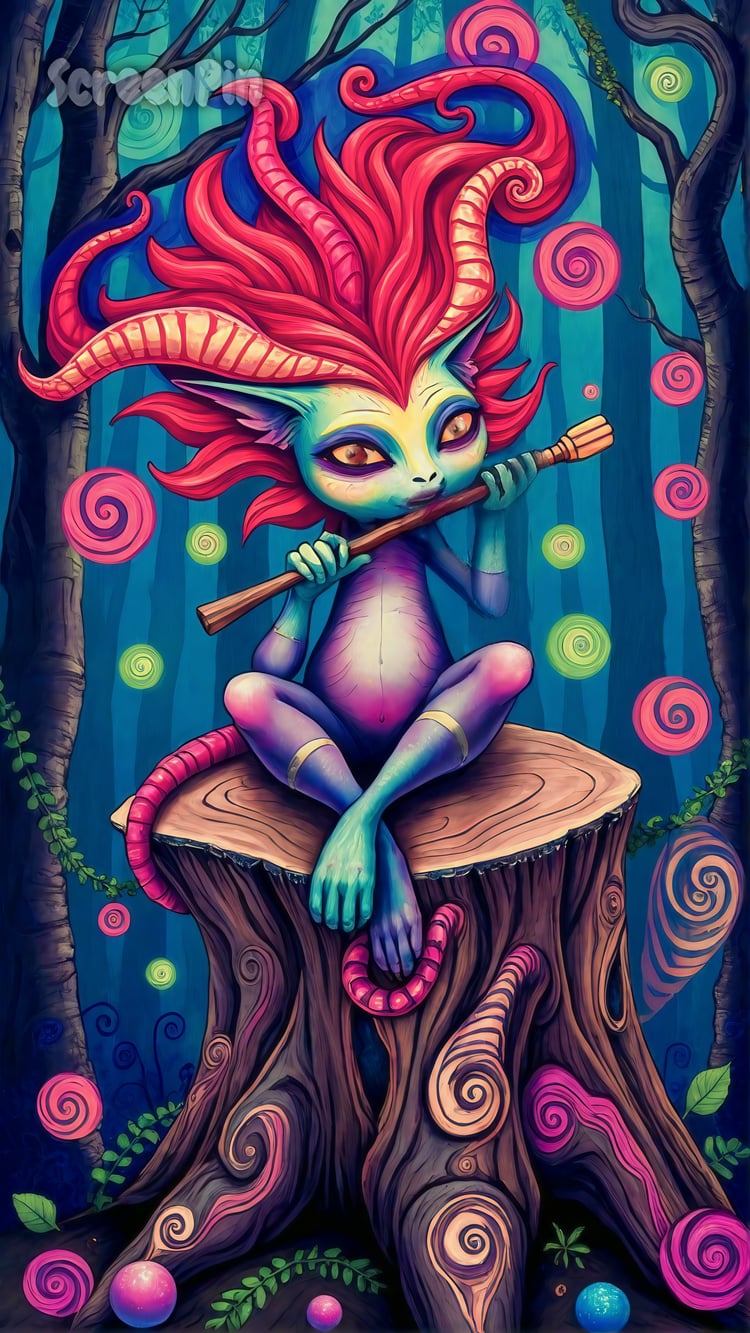 A fantasy creature plays the flute while sitting on a stump in a glowing forest clearing surrounded by magical plants and fireflies.