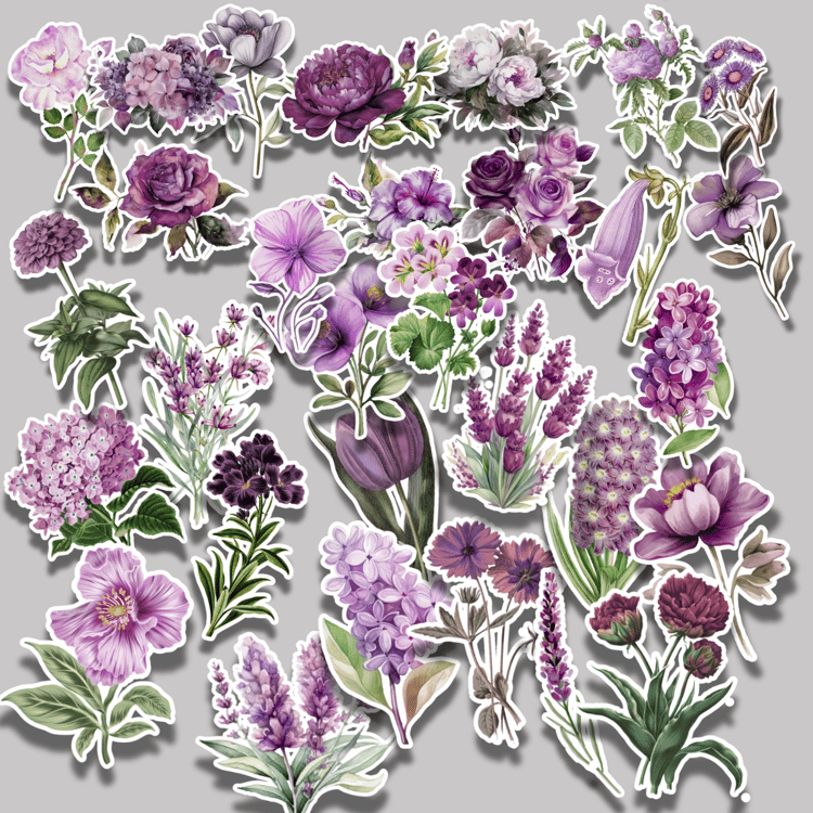 Flat lay of 40+ purple and lavender watercolor floral stickers on grey background, cutout-style with white outline