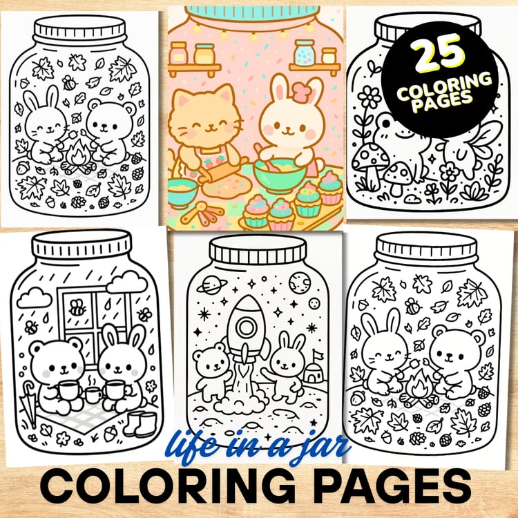 Bold and Easy Coloring Book, Life in a Jar Coloring Pages, Cute Kawaii Jars Coloring, Relaxing Activity for Adults and Kids, Stress Relief