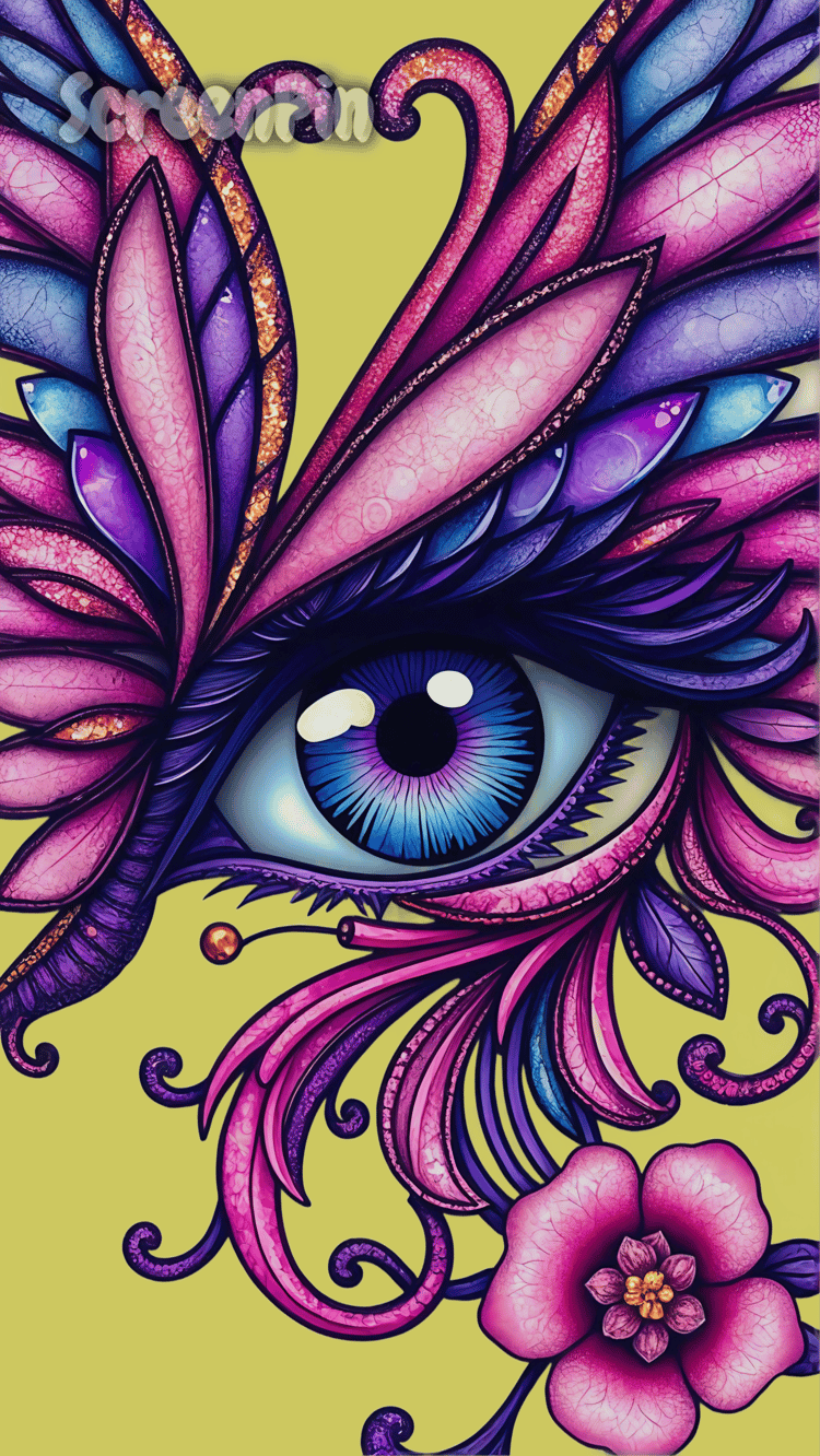 Fantasy eye surrounded by intricate, decorative elements in a surreal and ornate style.