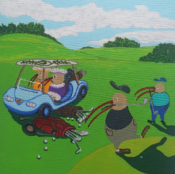Golf Cart Chaos with Kiwis. Artist Darren Burch