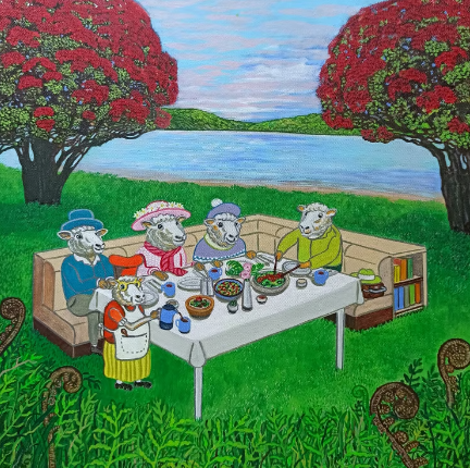 The Feast Under the Pōhutukawa Skies. Artist Darren Burch