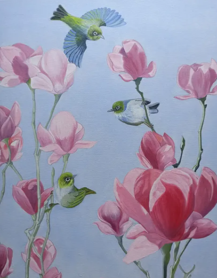 Pink Magnolia Flowers and Wax Eyes. Artist Darren Burch