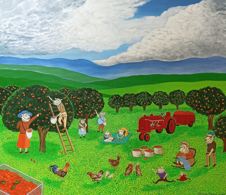 Title Happy life in Mandarin field. Artist Darren Burch