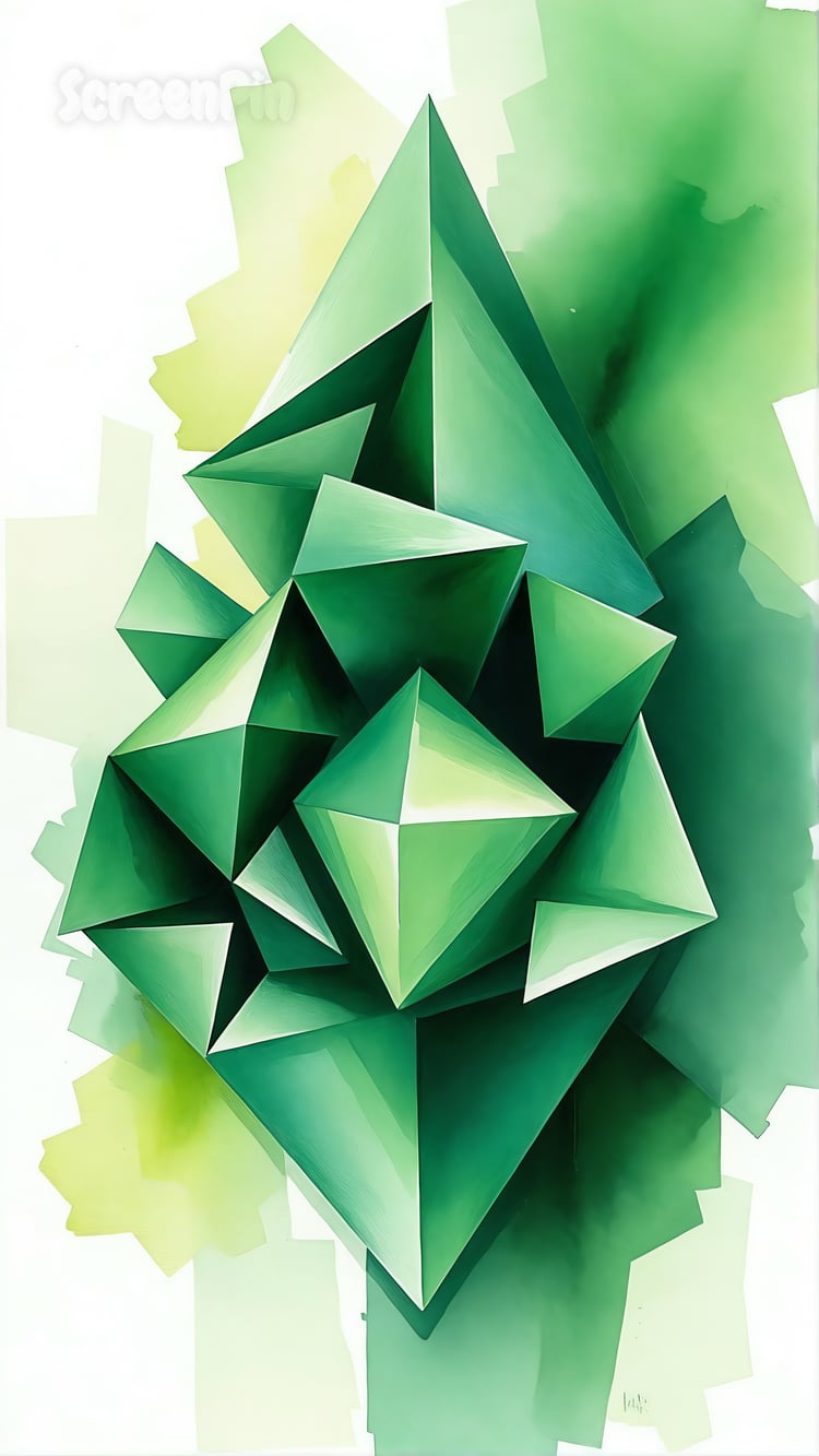 3D emerald-green abstract artwork with sharp, irregular geometric forms and layered depth.