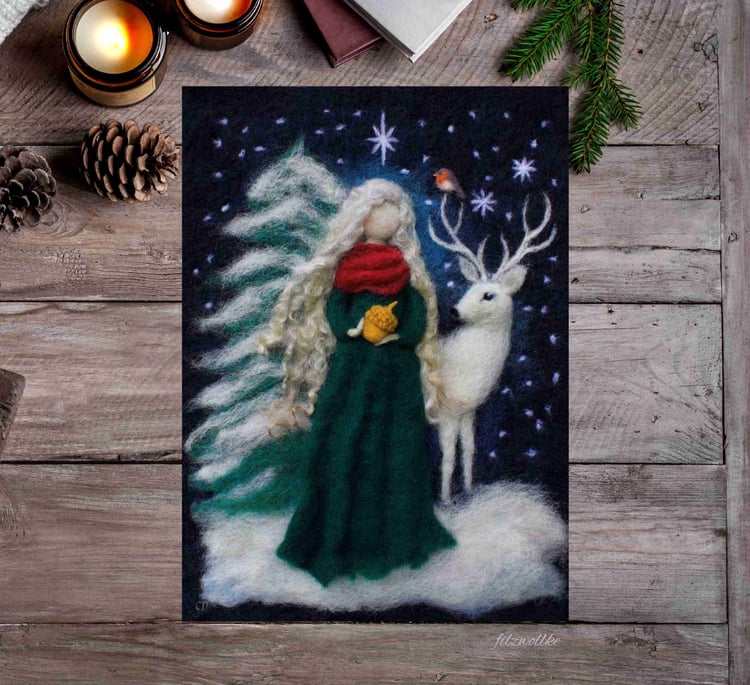 Magical wool felted Yule goddess art print celebrating light’s return and the magic of the winter solstice.