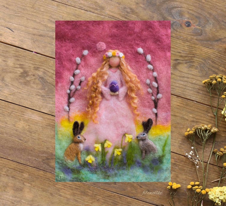 Spring goddess Ostara in vibrant pink colors of dawn as printable artwork.