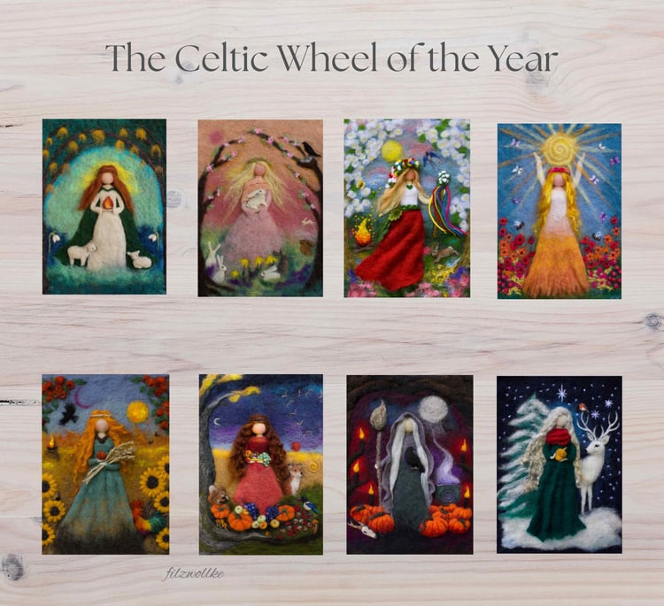 Wool felted goddesses representing the 8 Celtic festivals — printable wall art for witchy seasonal celebrations.
