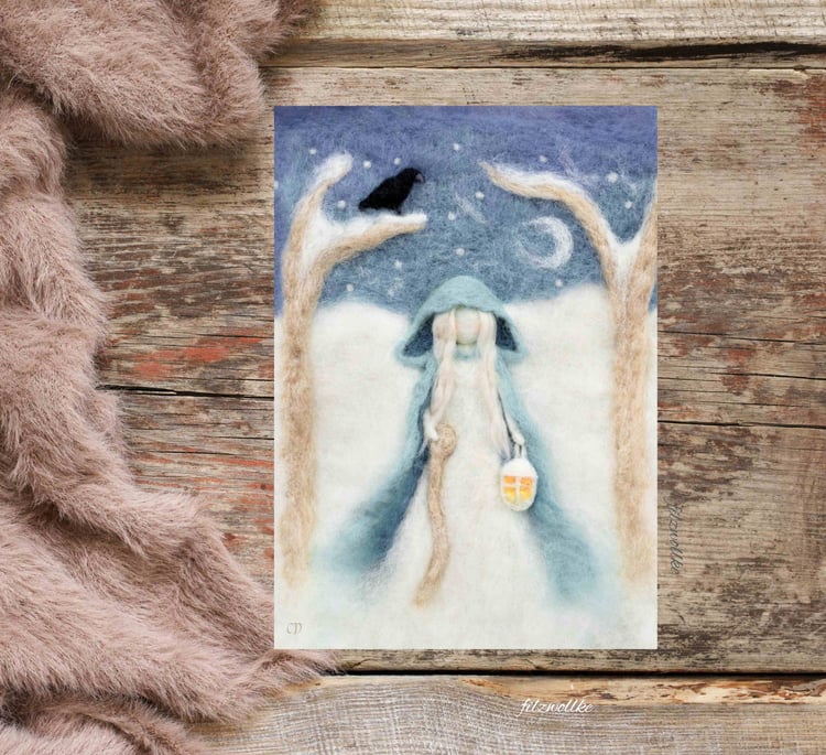 Winter Hag print of a figure from the Celtic mythology walking in her kingdom of snow and ice.