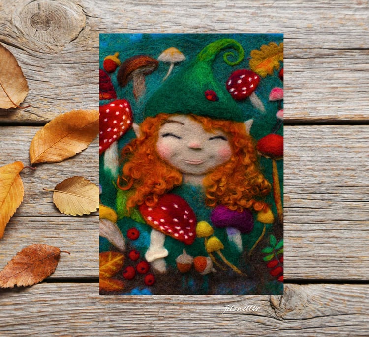 Happy woodland pixie in leaves and mushrooms art print for seasons decor and whimsy home.