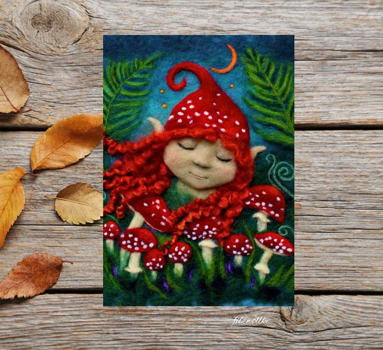 Red amanita mushroom pixie art print for fairy lovers and as whimsical decor.