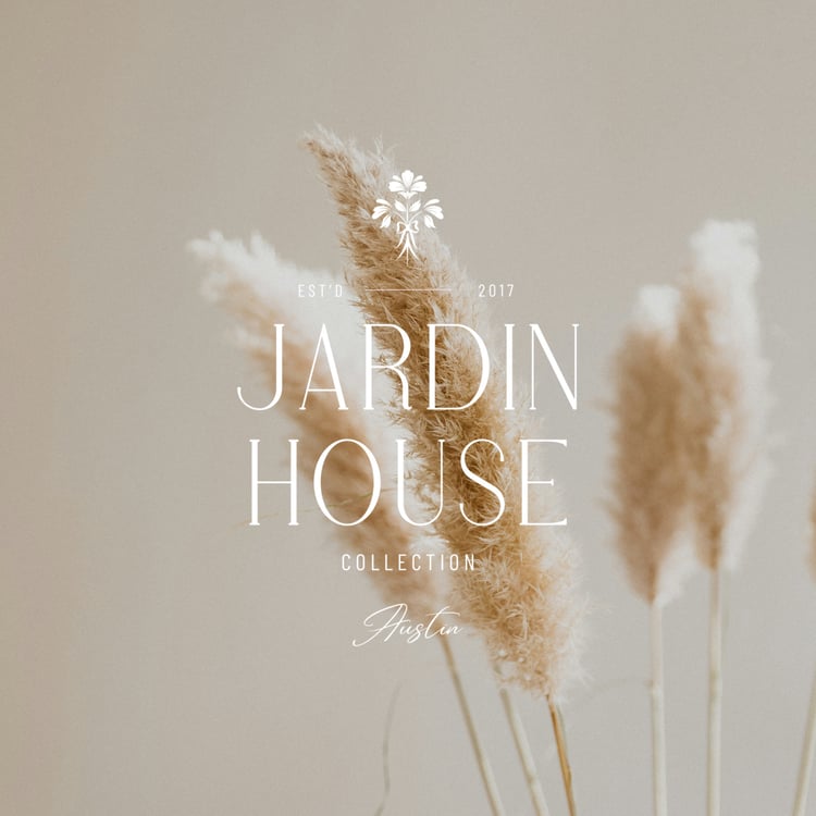 Jardin House logo design featuring a hand drawn floral bouquet tied together with a lovely bow
