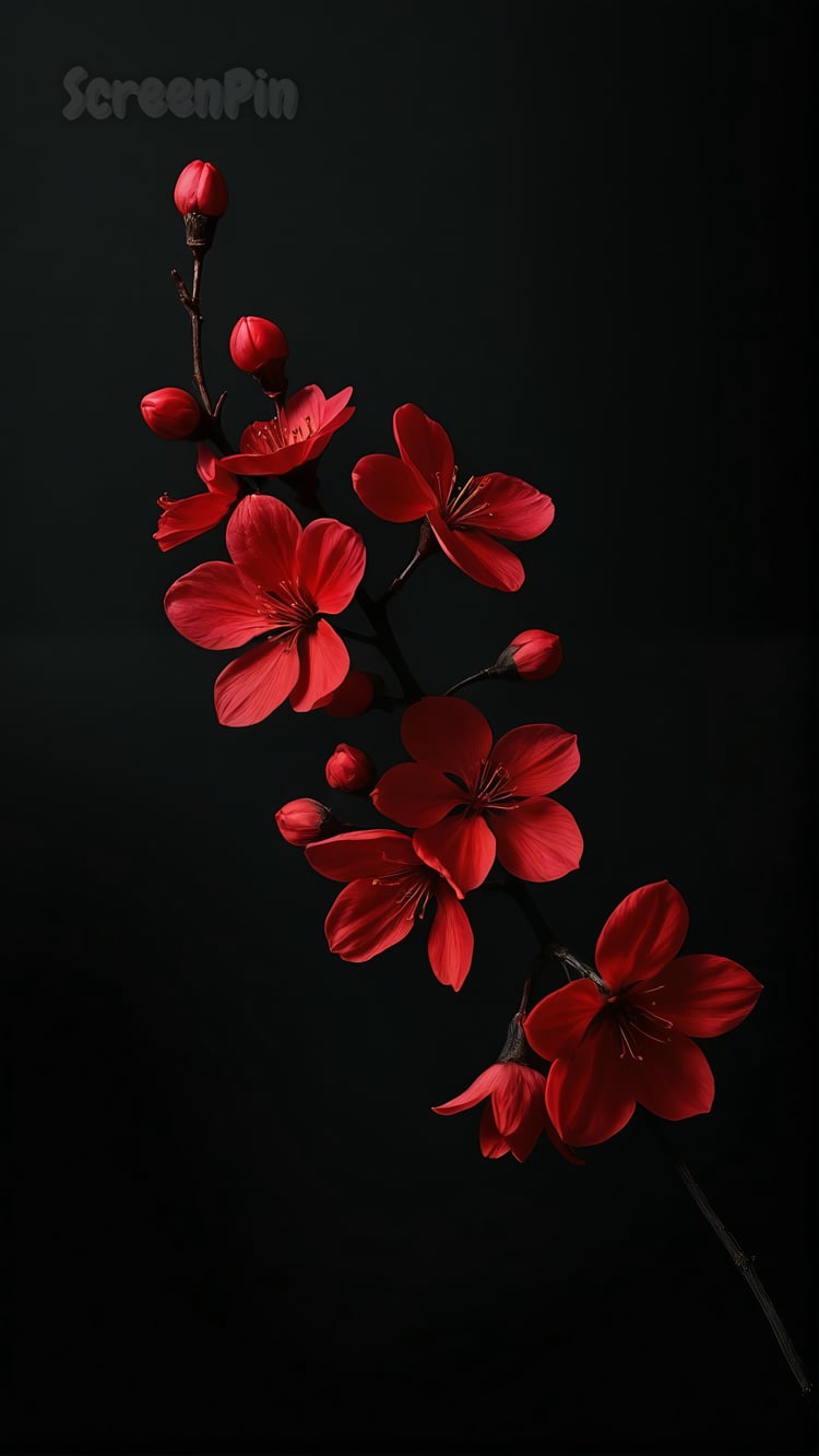 A minimalistic branch of red cherry blossoms with vivid crimson petals set against a textured matte black background.