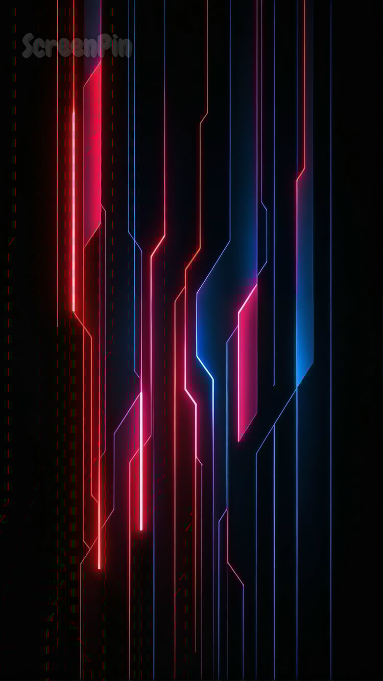 Abstract wallpaper featuring sharp straight shapes with glowing blue and red accents on a black background, creating a futuristic and energetic look.