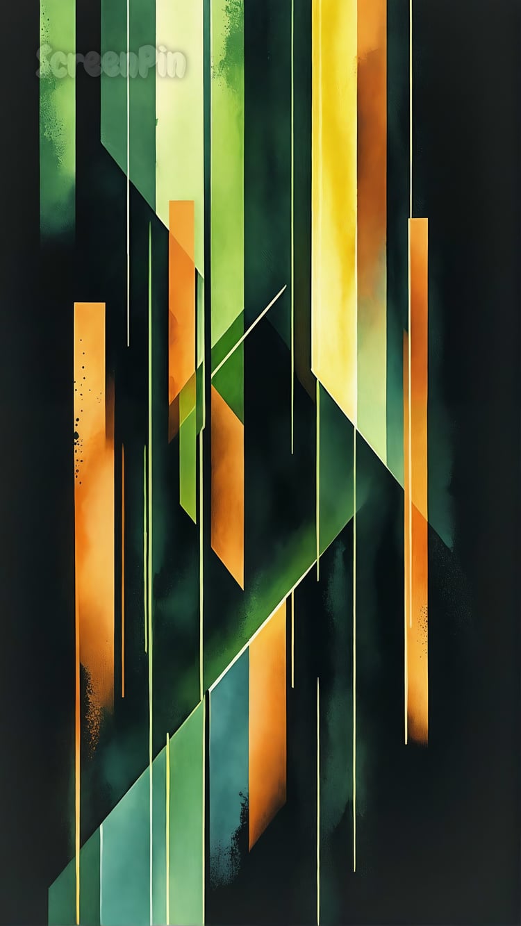 Flowing abstract geometric shapes in green and brown tones set against a black background, creating a sense of organic movement and digital precision.