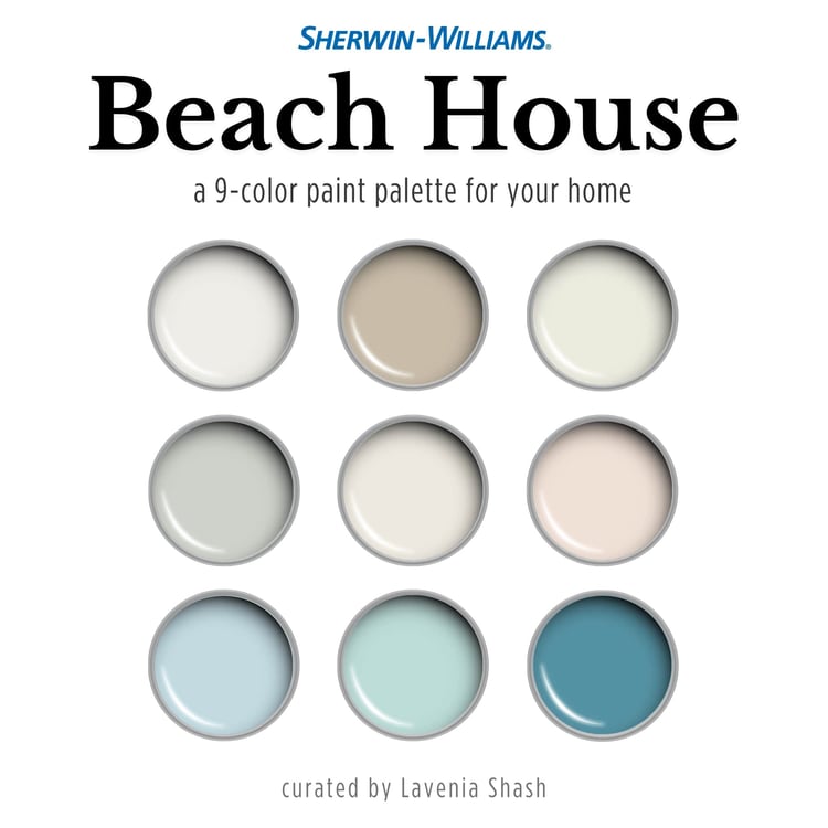 A Beach House color palette with Sherwin Williams paint colors. Color scheme includes coordinating and complementary neutral shades of white, beige, blues and greens for farmhouse, beach house. Curated by Lavenia Shash.