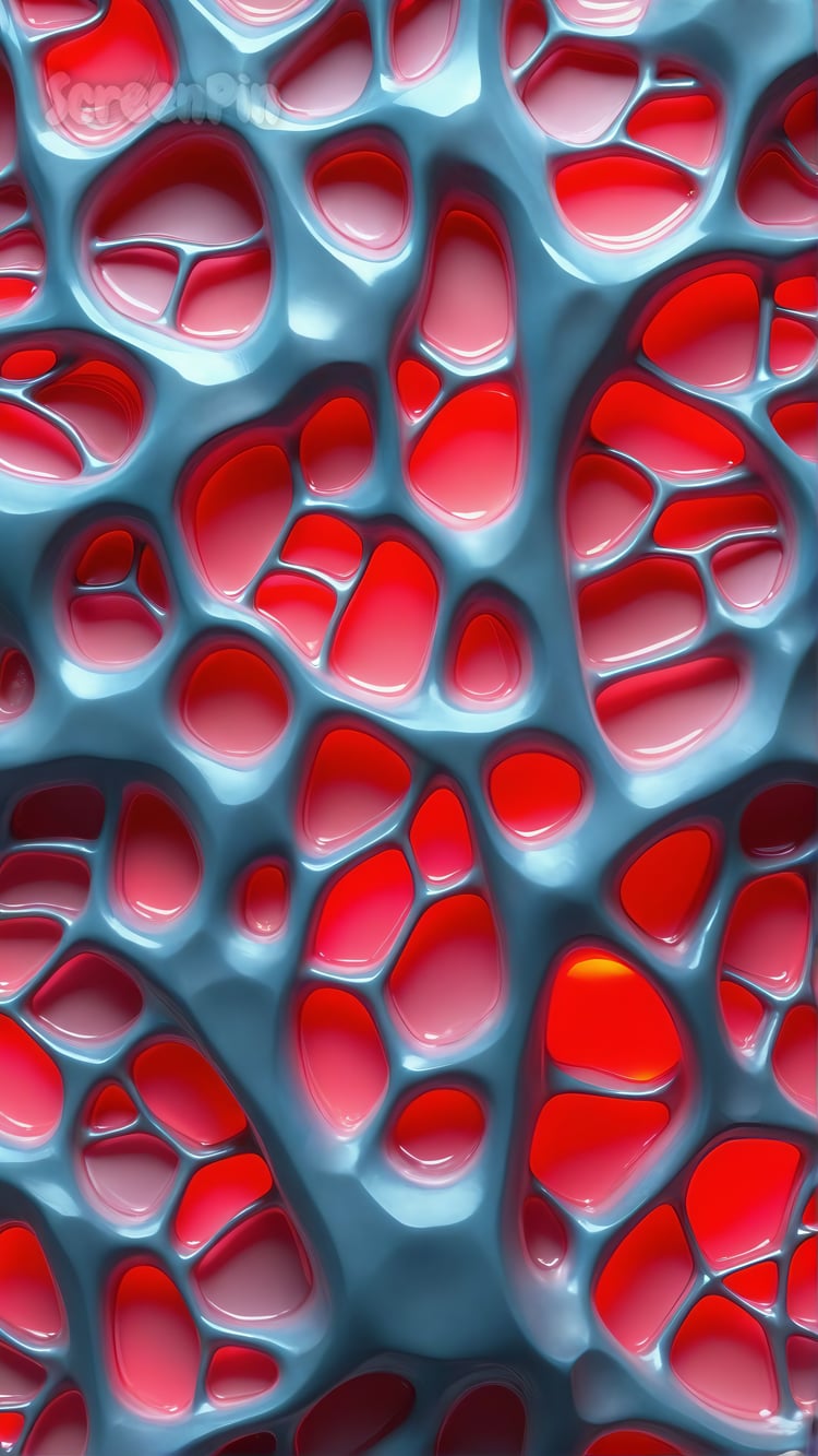 Intertwined bone-like 3D shapes in red and grey, forming a complex organic pattern with a sculptural look.