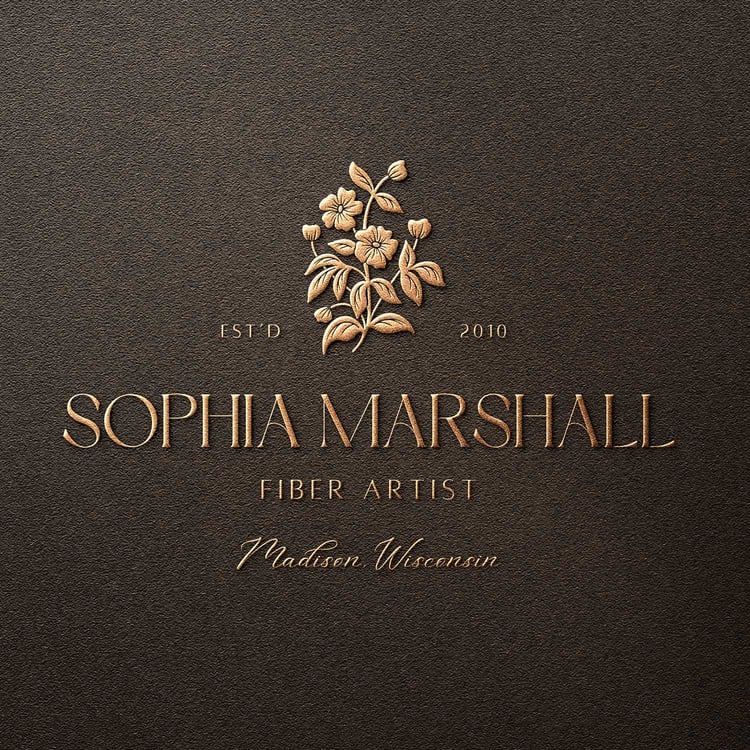 Logo design featuring hand drawn illustration of wildflowers in a scalloped frame that says Sophia Marshall Fiber Artist