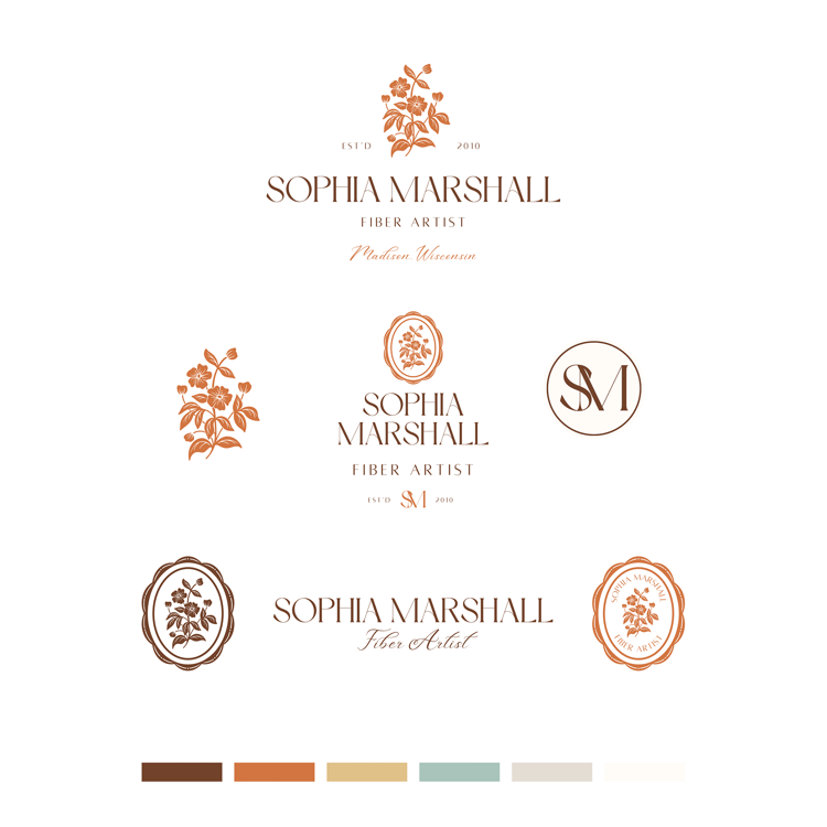 Logo design featuring hand drawn illustration of wildflowers in a scalloped frame that says Sophia Marshall Fiber Artist