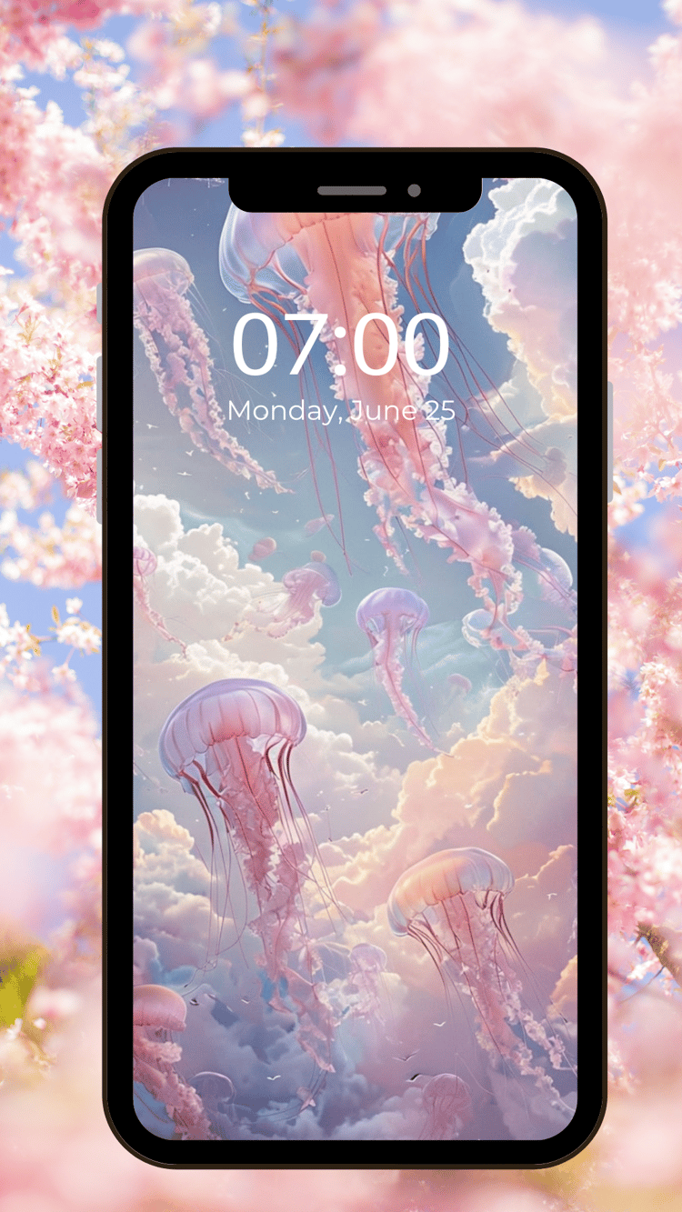 Kawaii pink jellyfish swimming through fluffy clouds in a dreamy sky animation Kawaii jellyfish animated wallpaper, calming live wallpaper, pink jellyfish sky background mindfulness wallpaper, breathing exercise background, anxiety relief animation cottag