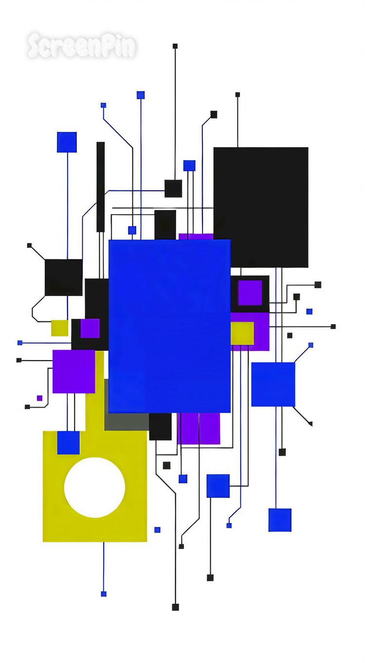 Abstract Bauhaus-inspired digital artwork with blue, purple, and black geometric blocks arranged on a white background in a minimalist grid layout.