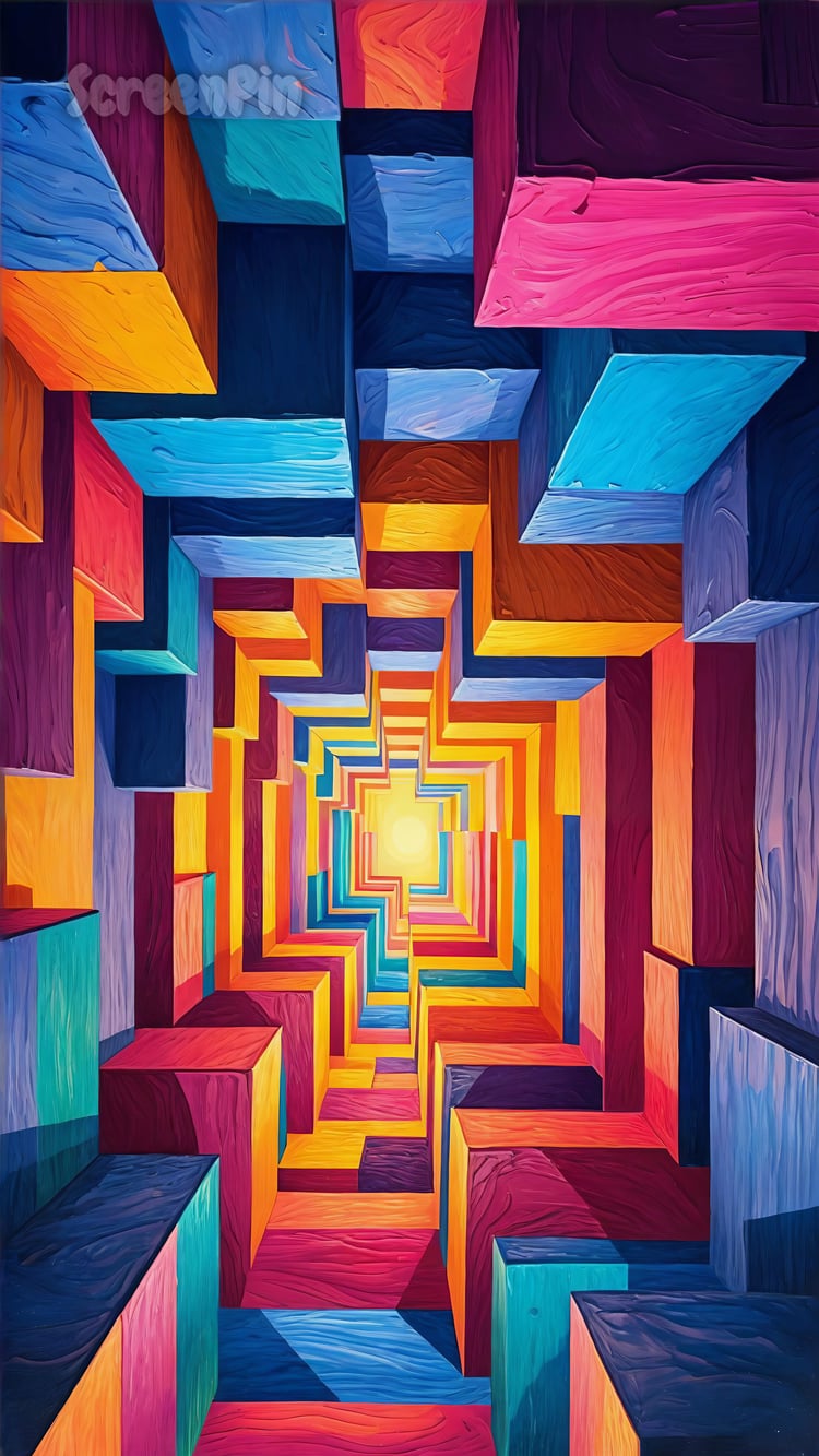 3D digital artwork of a futuristic tunnel formed by colorful interlocking rectangular blocks, creating depth and motion.