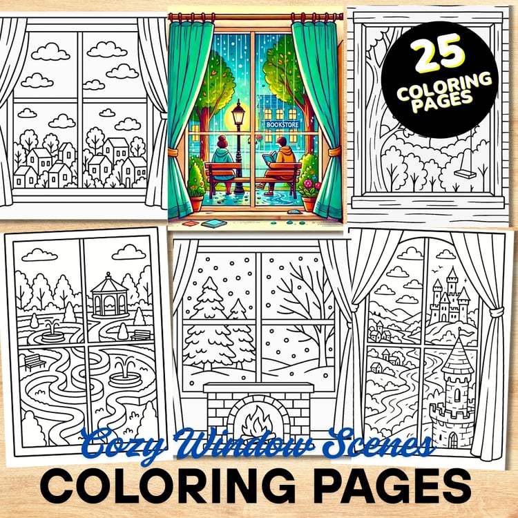 Bold and Easy Coloring Book, Cozy Window Scenes Coloring Pages, Cute Kawaii Window Landscape Coloring, Relaxing Activity for Adults and Kids