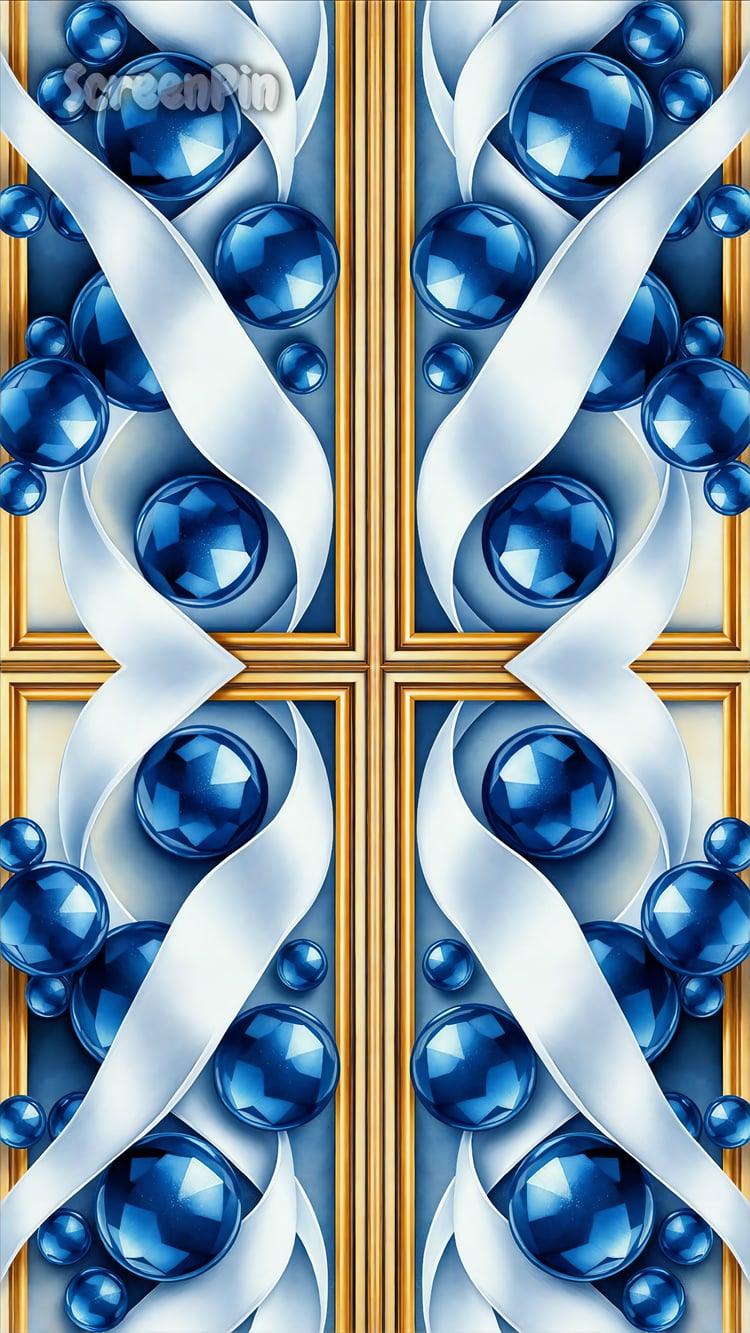 A seamless Art Deco pattern featuring silver, gold, and blue geometric elements in a symmetrical and elegant design.