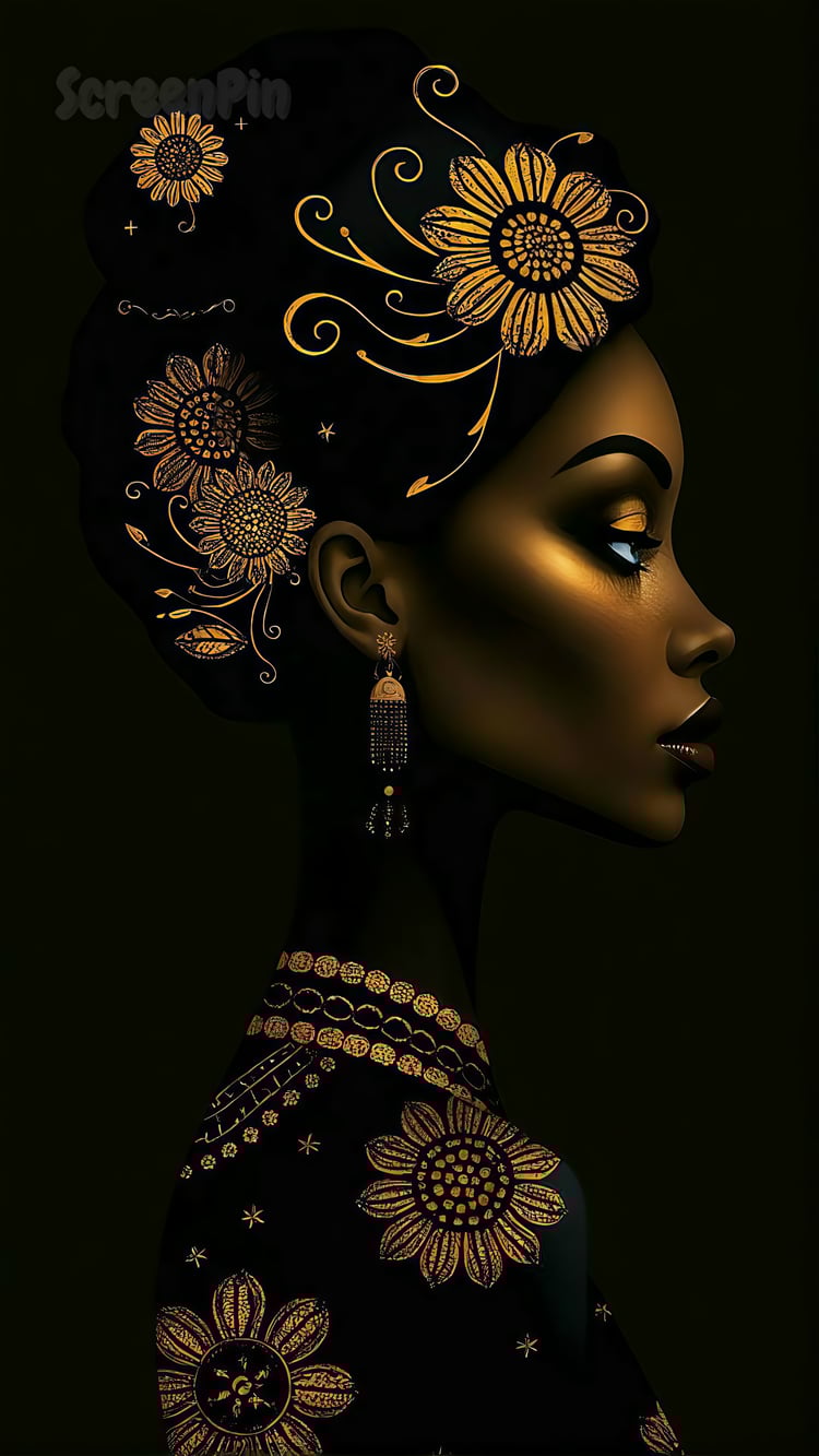 Digital portrait of a woman's face in profile, designed with a sleek black and gold color scheme and elegant minimalist lines.