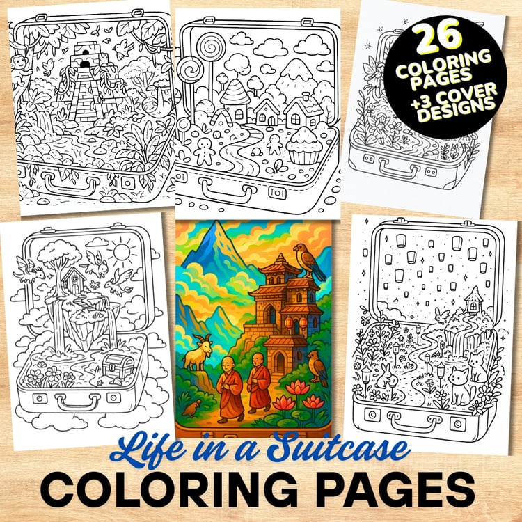 Bold and Easy Coloring Book, Life in a Suitcase Coloring Pages, Cute Kawaii Magical Coloring, Relaxing Activity for Adults, Stress Relief